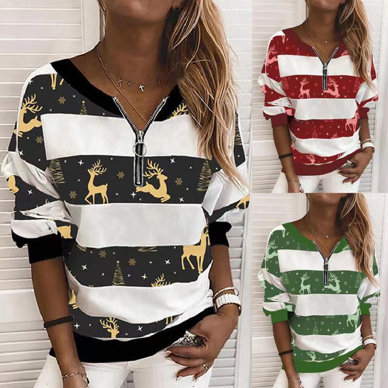 Christmas Printed V-Neck Long Sleeve Sweater for Women