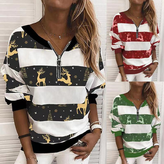 Christmas Printed V-Neck Long Sleeve Sweater for Women