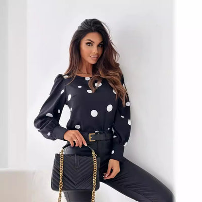 Autumn Top Round Neck Polka Dot Long Sleeve Shirt Printed - PureSelect