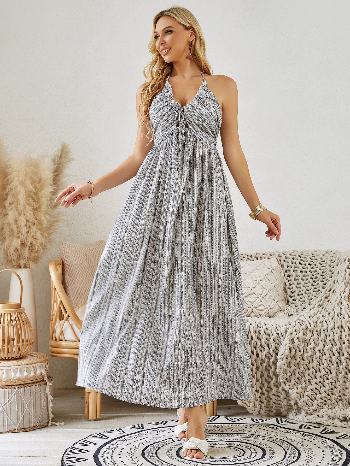 Bohemian Striped Maxi Dress - Sleeveless Summer Beach Wear - PureSelect