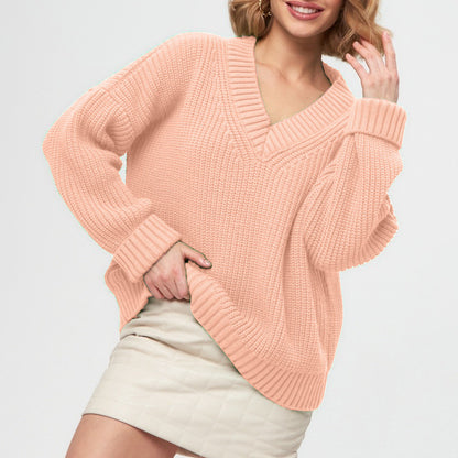 Loose Solid Color V-Neck Pullover Sweater in Russian Style