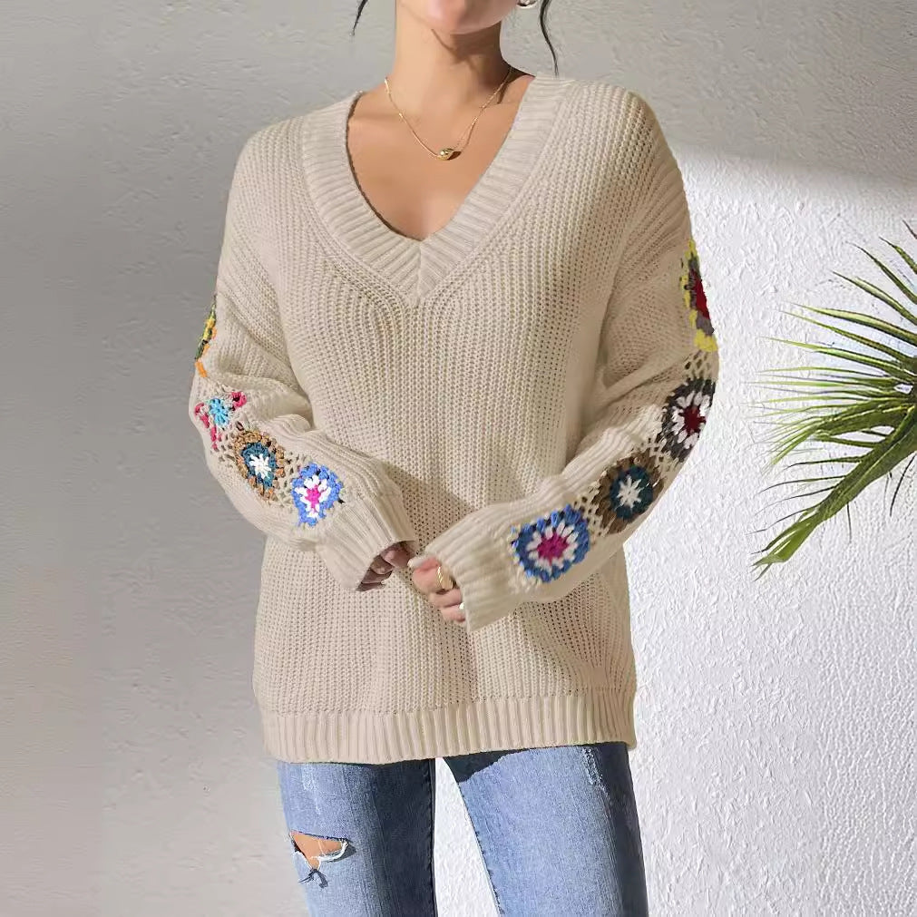 V-Neck Pullover Sweater with Crochet Stitching for Autumn and Winter