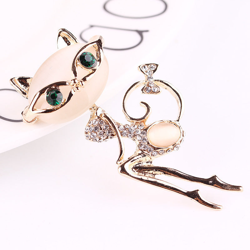 Cat Silver Brooches Rrhinestone Jewelry