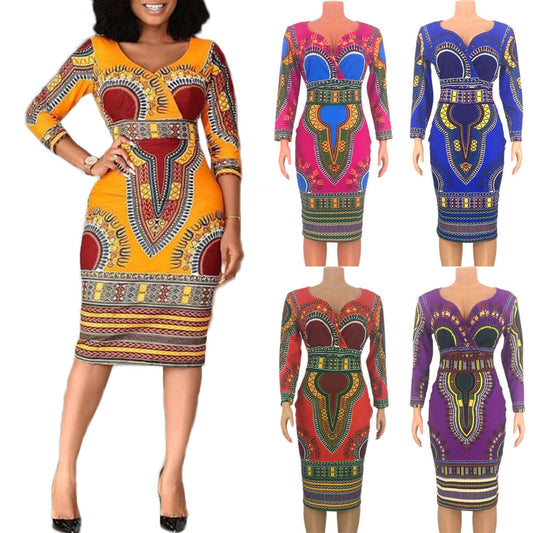 African-Style V-Neck Dress with Three-Quarter Sleeves