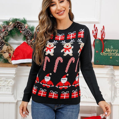 Loose-Fit Jacquard Crew Neck Christmas Pullover Sweater for Women