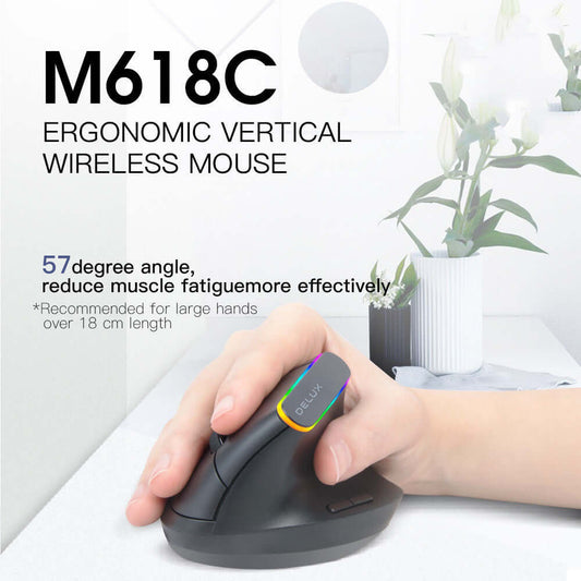 Ergonomic RGB vertical wireless mouse M618C with 6 buttons, 57-degree angle, reducing muscle fatigue, suited for large hands.