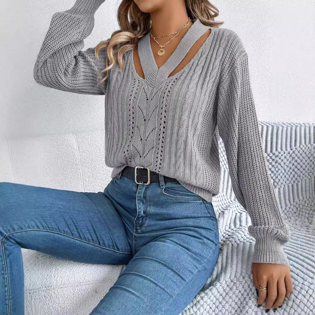 Hollow Out V-Neck Pullover Sweater with Twist Lantern Sleeves