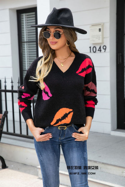 Valentine's Day Lip Print V-Neck Knitted Pullover Sweater