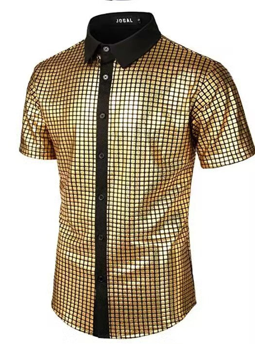 70s Disco Party Sequined Button-Down Cosplay Shirt for Men