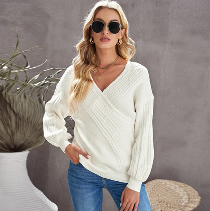 Solid Color V-Neck Long Sleeve Pullover Sweater for Women