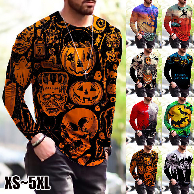 Halloween-Themed Autumn and Winter Print Long Sleeve T-Shirt for Men