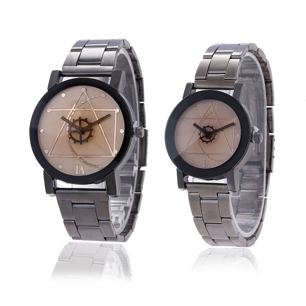 Compass Steel Band Quartz Watch with Gear Pointer Dial for Men and Women