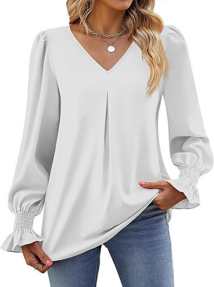 New solid color chiffon shirt V-neck pullover flared long-sleeved top shirt - PureSelect