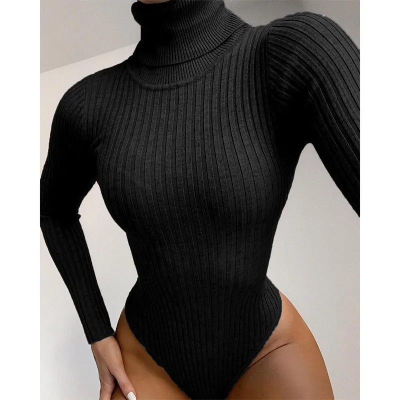 Ribbed Knitted Turtleneck Bodysuit: Long Sleeve Women's Winter Clothing - PureSelect