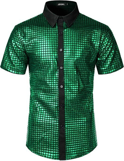 70s Disco Party Sequined Button-Down Cosplay Shirt for Men