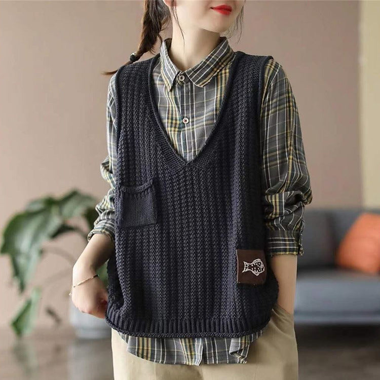 Loose-Fit V-Neck Knitted Vest for Women