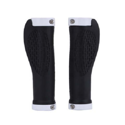 Ergonomic mountain bike rubber handle covers with textured grip in black and white design.