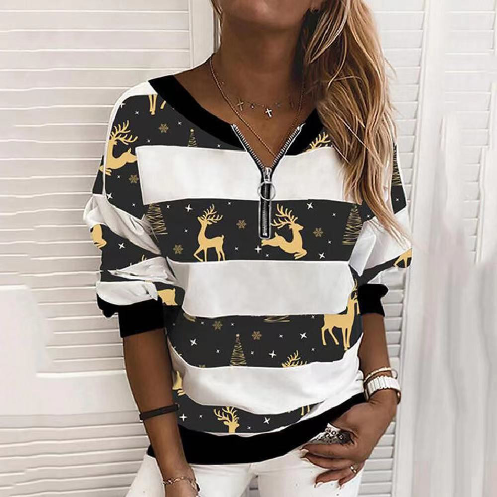 Christmas Printed V-Neck Long Sleeve Sweater for Women