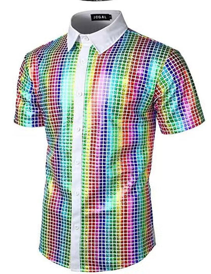 70s Disco Party Sequined Button-Down Cosplay Shirt for Men