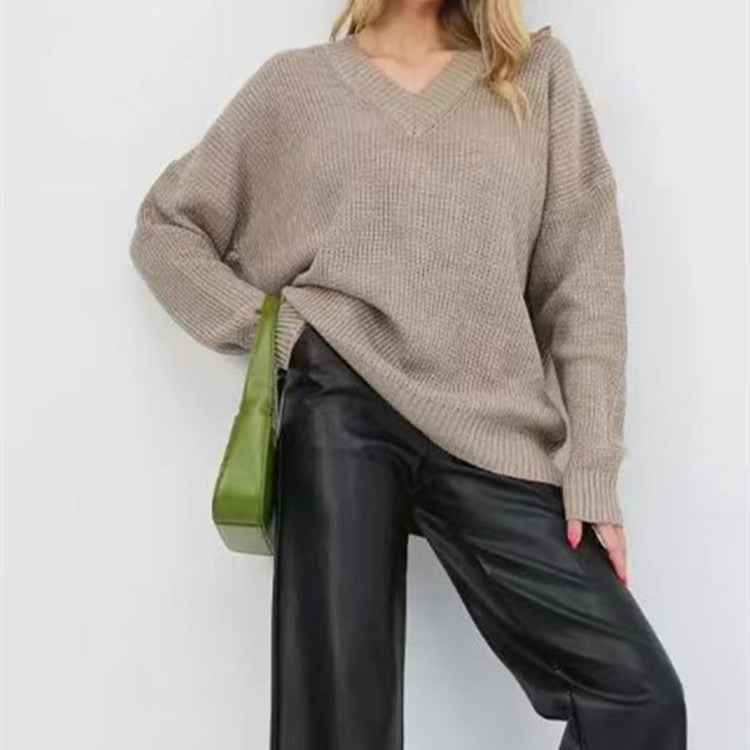 Loose Solid Color V-Neck Pullover Sweater in Russian Style