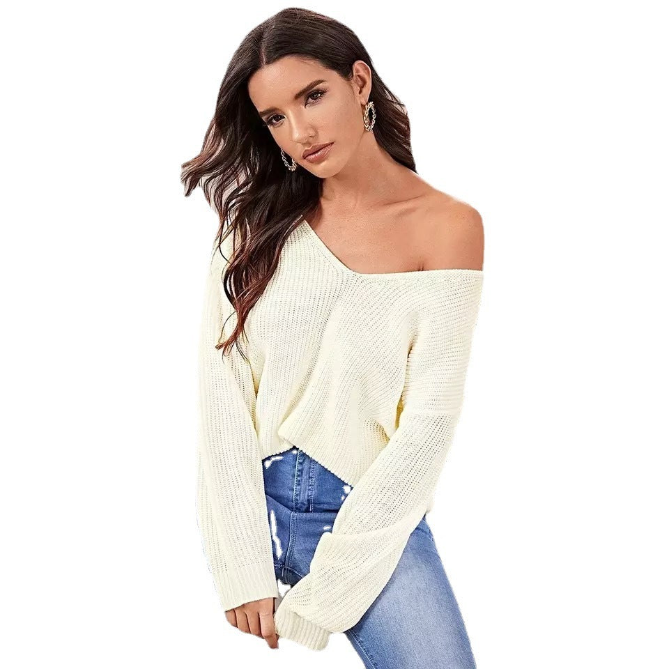 Solid Color Knit V-Neck Long Sleeve Pullover Sweater