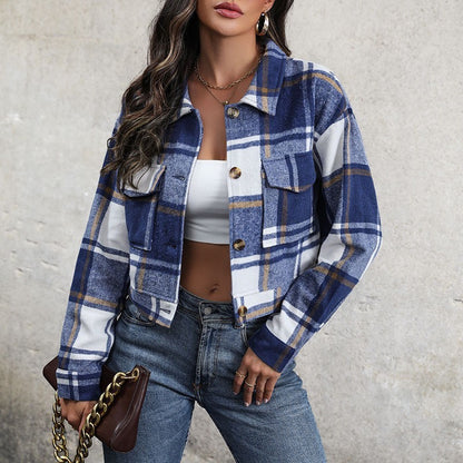 Plaid Cropped Jacket with Pockets - PureSelect