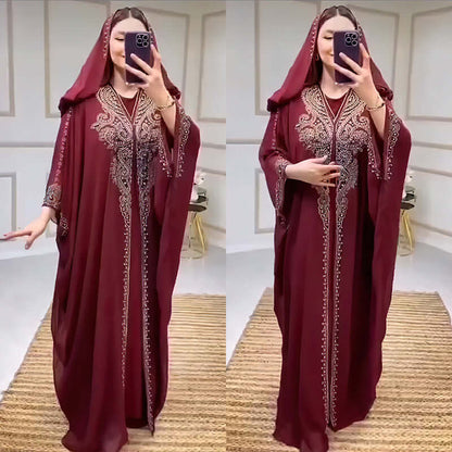 Beaded African Hooded Long Gown with Rhinestones