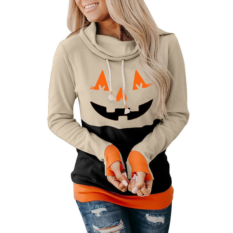 High Neck Halloween and Christmas Cartoon Print Pullover Sweater for Women