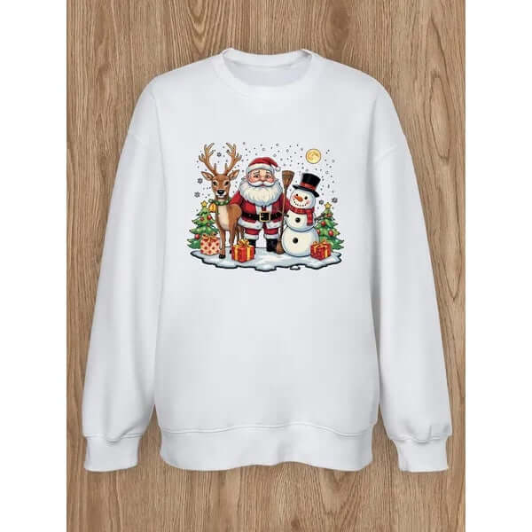 Women's Basic Casual Pullover – Long Sleeve with Elk and Santa Claus Print, Round Neck