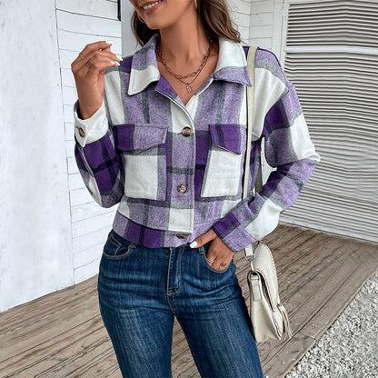 Plaid Cropped Jacket with Pockets - PureSelect