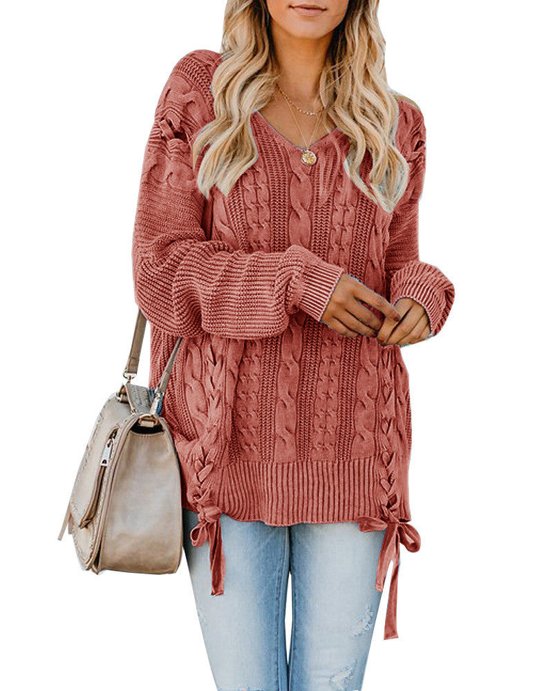 New V-Neck Long Sleeve Loose Pullover with Knitted Lace and Twisted Rope Tie for Women