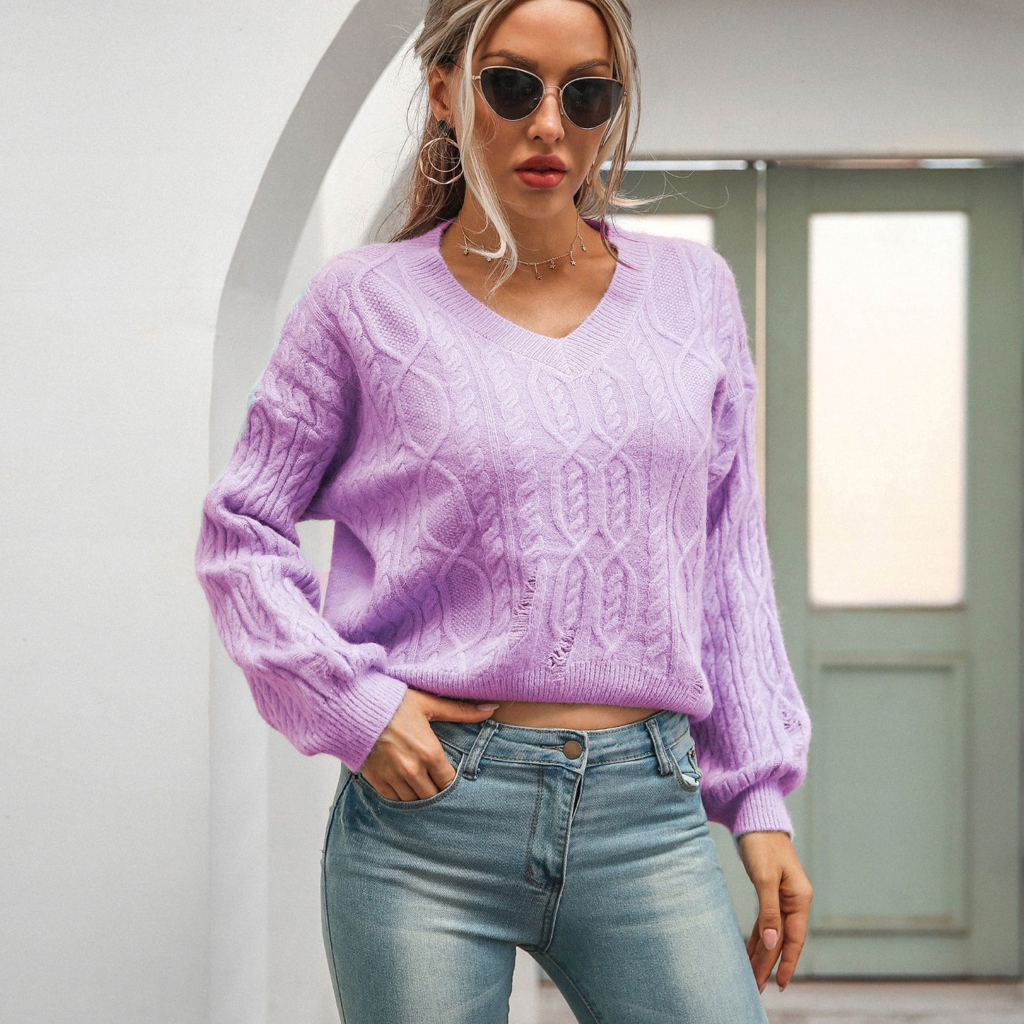 V-Neck Long Sleeve Twist Knit Pullover Sweater