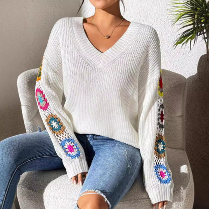 V-Neck Pullover Sweater with Crochet Stitching for Autumn and Winter