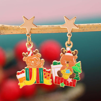 Asymmetric Cartoon Elk Earrings – Festive Fashion Accessory