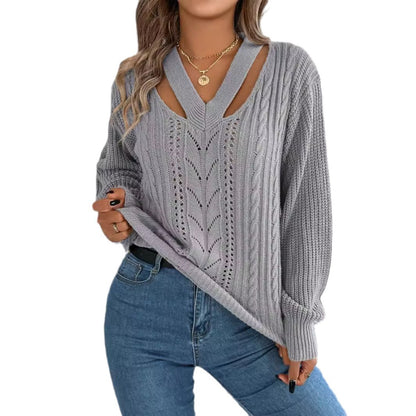 Hollow Out V-Neck Pullover Sweater with Twist Lantern Sleeves