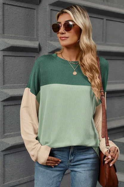 Double Take Contrast Round Neck Long Sleeve T-Shirt