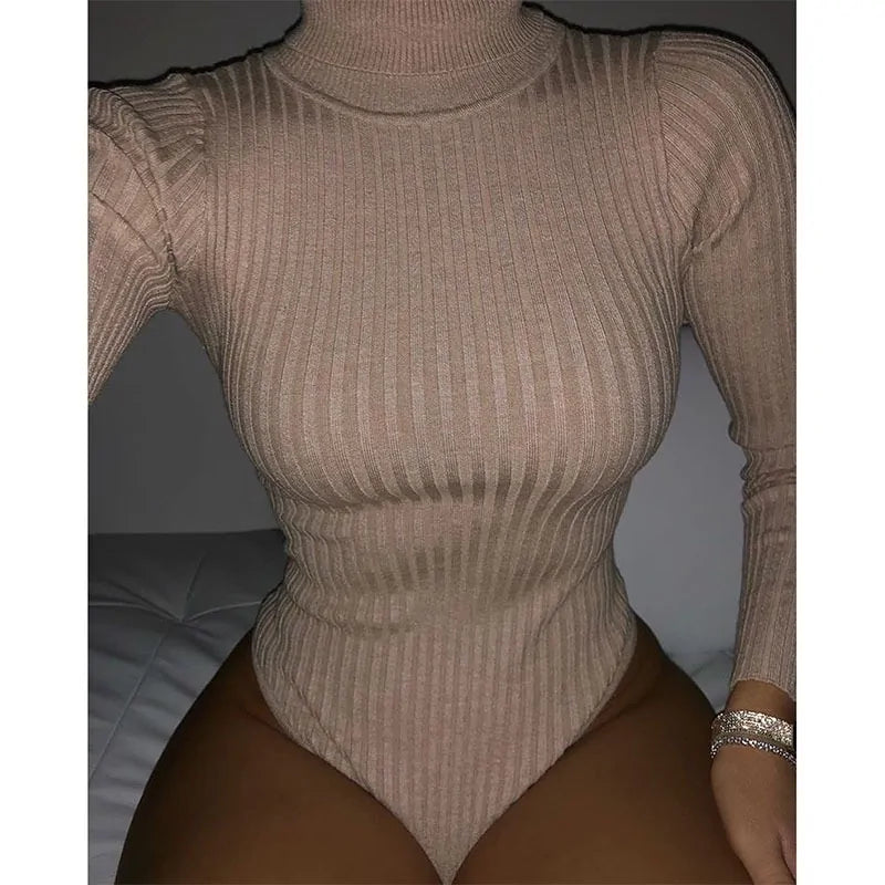 Ribbed Knitted Turtleneck Bodysuit: Long Sleeve Women's Winter Clothing - PureSelect