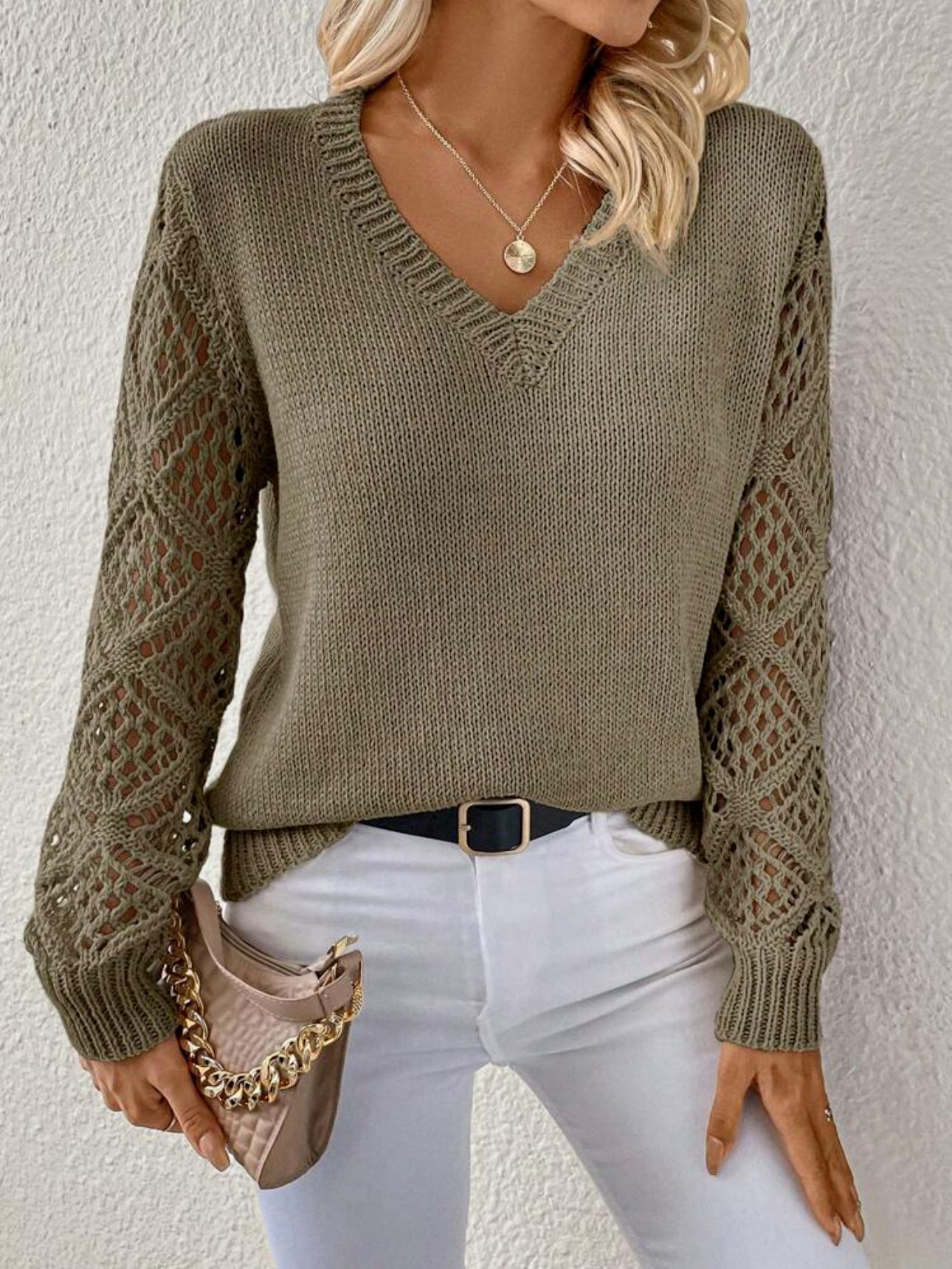 V-Neck Hollow Long Sleeve Pullover Sweater - PureSelect