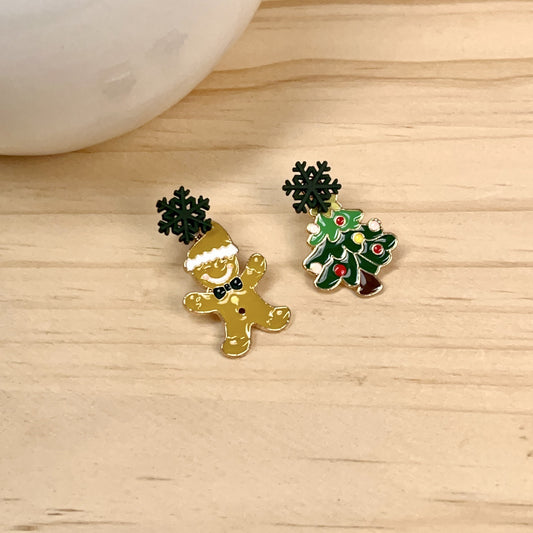 Christmas Tree Stud Earrings For Women Biscuit Man Figures Asymmetric