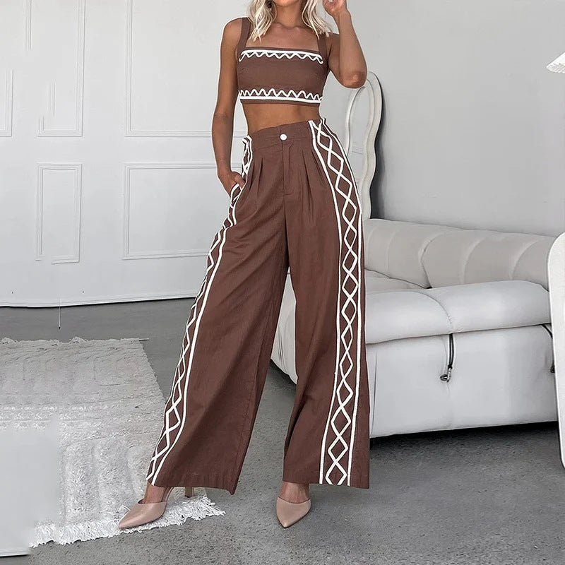 Women's Crop-top Spaghetti-strap Trousers Two-piece Suit - PureSelect