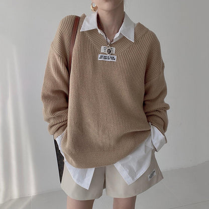 Casual Korean Style Loose V-Neck Pullover Sweater for Women