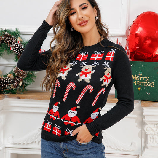 Loose-Fit Jacquard Crew Neck Christmas Pullover Sweater for Women