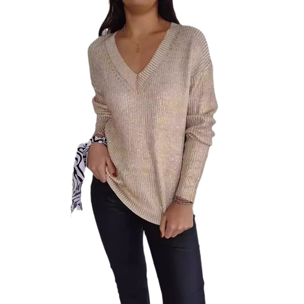 Fashionable V-Neck Knitted Pullover in Bright Silk for Women