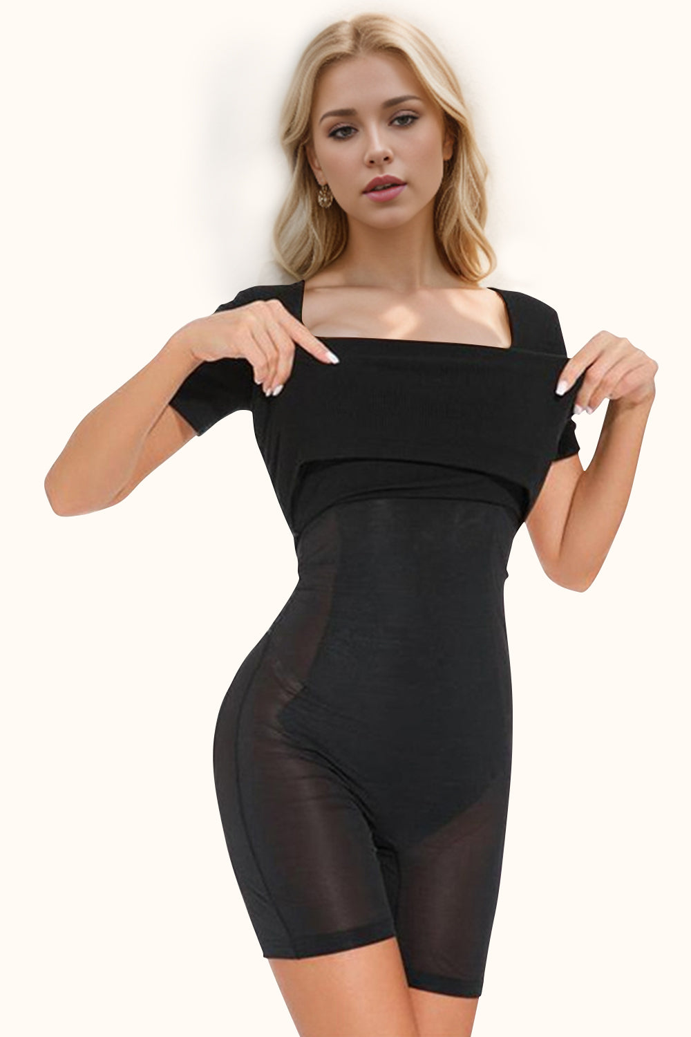 Basic Bae Full Size Built-In Shapewear Square Neck Short Sleeve Dress