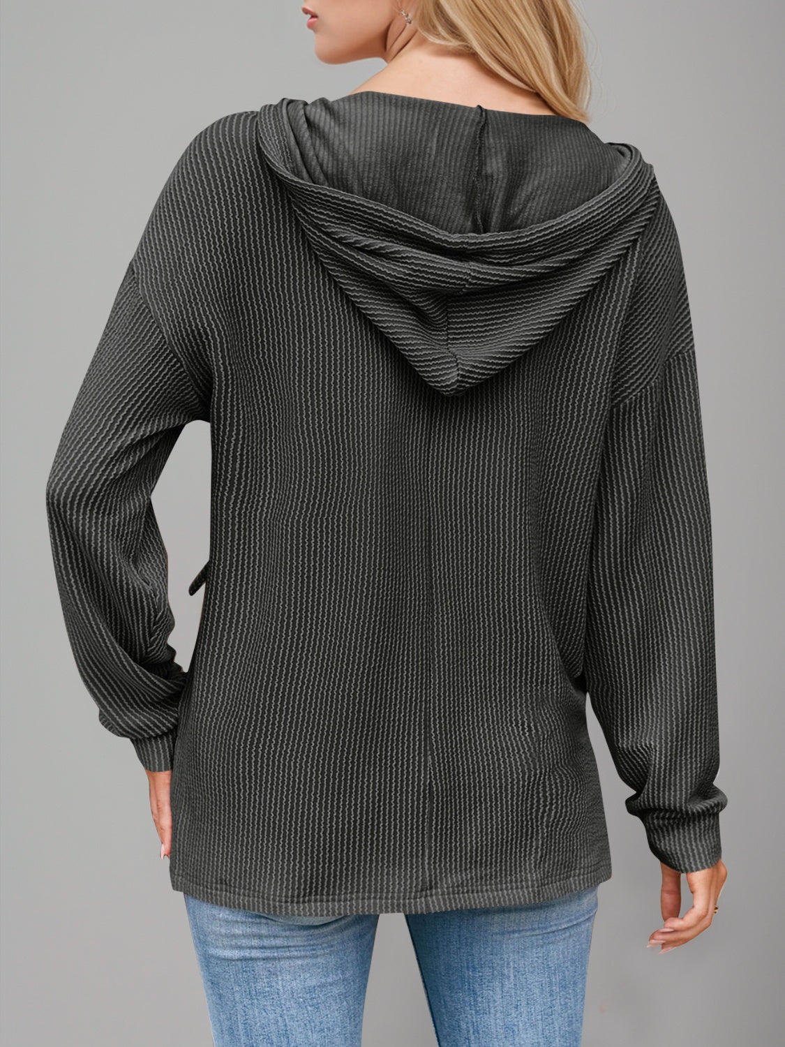 Double Take Drawstring Dropped Shoulder Long Sleeve Hoodie - PureSelect