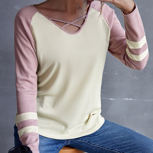 Contrasting Color V-Neck Long Sleeve Pullover T-Shirt