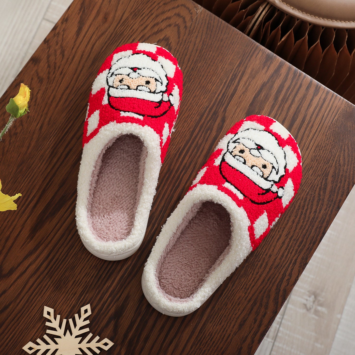 Christmas Plaid Santa Claus Fuzzy Indoor Slippers for Women