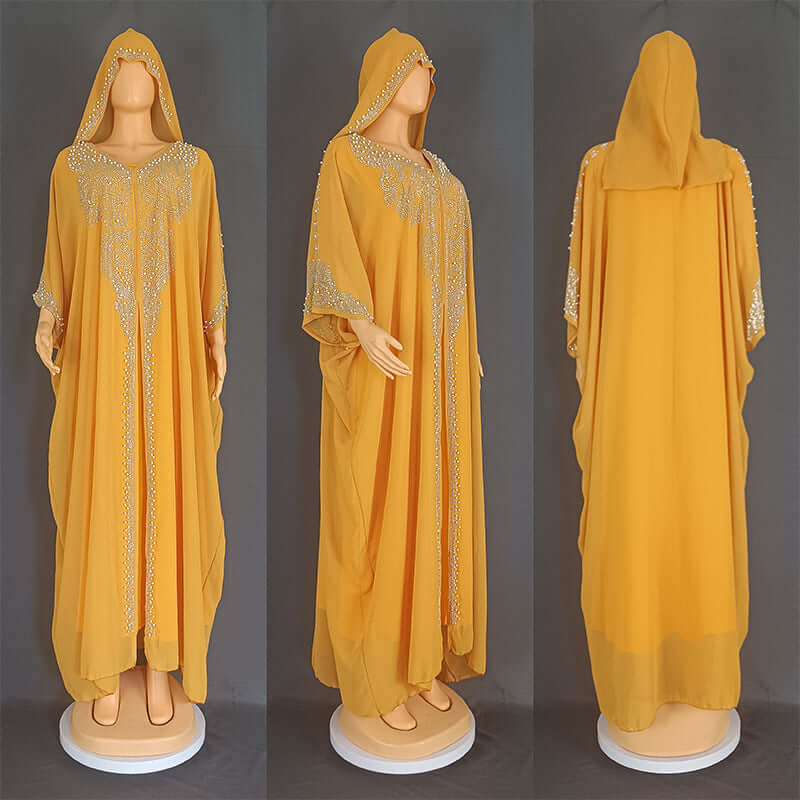 Beaded African Hooded Long Gown with Rhinestones