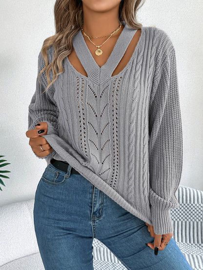 Hollow Out V-Neck Pullover Sweater with Twist Lantern Sleeves