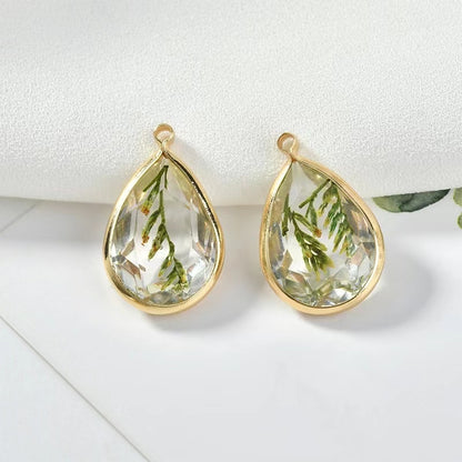 Christmas Small Tree Real Leaves Water Drop Copper Edging Earrings